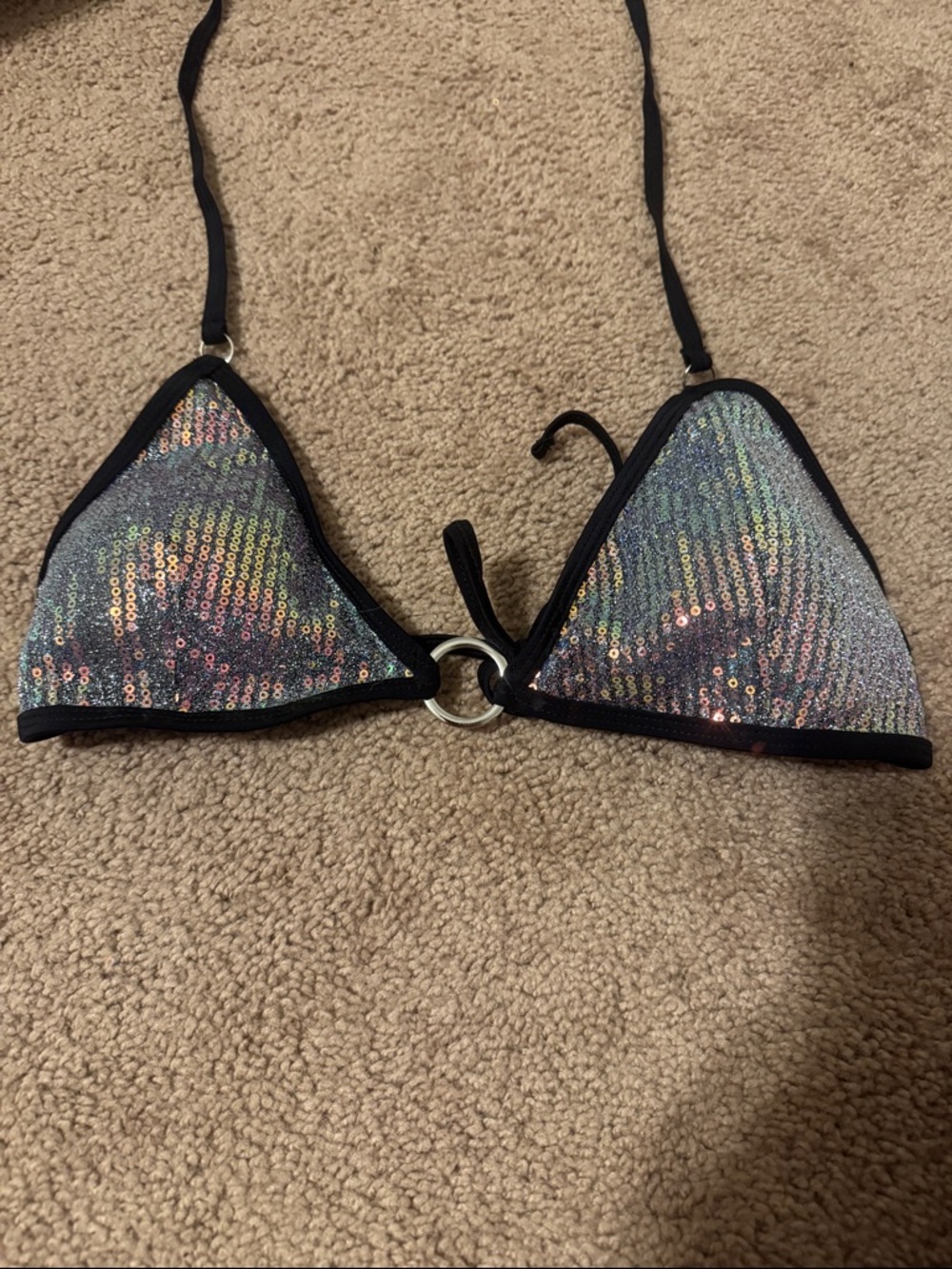 Sequin halter bikini top black w silver and ring detail for stronger support N